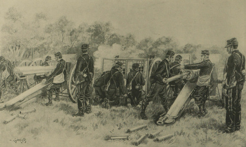 An illustration of a French field gun battery at work, 1890s-1900s. Drawn by F. Kauffmann for the Il