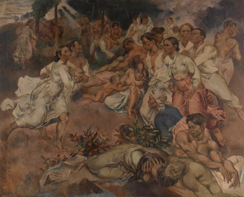 Yi Kwaedae (이쾌대), 봄처녀 (1940),  두루마기 입은 자화상 (1940s), Group of people 1: Notification of liberati