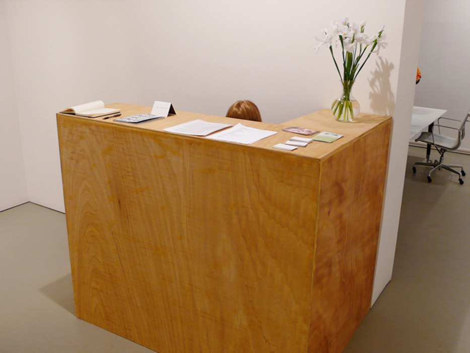 Mads Lynnerup
Gallery Counter
2008
Wood, flowers, doll head, wig, gallery information copies, chair and broom