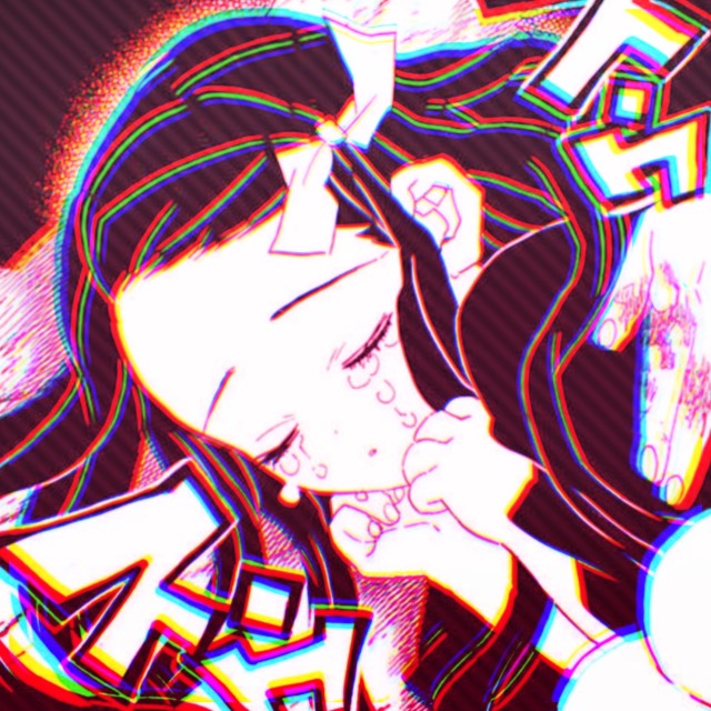 a manga icon of nezuko from demon slayer. it has a pink overlay. she is curled up with her hands by her chin and is crying as she falls asleep. she has a calm and slightly sad expression. no muzzle.