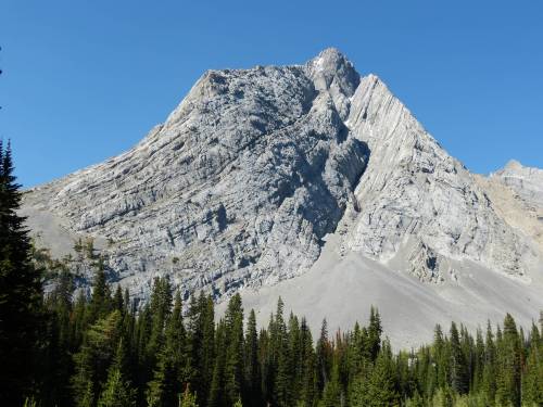 rockon-ro:  This is some fantastic geology in the Rocky Mountains of Alberta, Canada. The high angled thrust faults, that built the Rocky’s height, can be seen on this mountain. Interpretation of a few thrust faults are shown on the upper photo. 