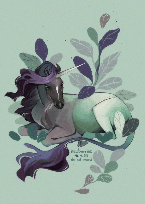 hawberries: junicorn 3. botanicals / sage[image is a drawing of a muted green and purple unicorn lay