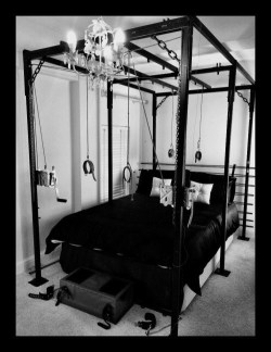 ourdarkpleasures:  OMG….this bed has it ALL! I could not be more envious.❤️ Follow Me ❤️  Sir, now here&rsquo;s a good one. The only thing missing is a cage