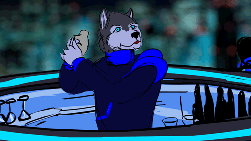 Another progress sequence from Lovestreams - the bartending Husky.  Isabelle Aspin colored this