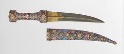art-of-swords:  Khanjar Dagger with SheathDated: 19th centuryCulture: Persian, QajarMedium: steel, gold, gemstone, copper, enamel, woodMeasurements: H. with sheath 17 1/16 in. (43.3 cm); H. without sheath 15 1/8 in. (38.4 cm); H. of blade 9 1/8 in.