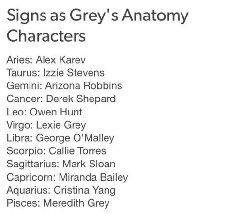 slowset: Signs as Grey’s Anatomy charactersI’m Cristina, you? I&rsquo;m Lexie Grey !