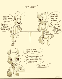 someponys-scribbles:  eightspartans:  “Say… Judy?” This took me awhile, I literally cried once while drawing this. After 30 years in the force, Nick goes into retirement, having his last cafe hang out with Judy as a cop before passing out of the