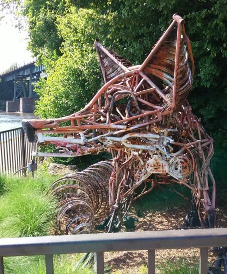 determinedtomato:  i was at the park by the river and there’s this cool fox sculpture made out of bicycle parts!! there was also a huge stack of picnic tables next to where some people were playing volleyball. still haven’t figured out how they got