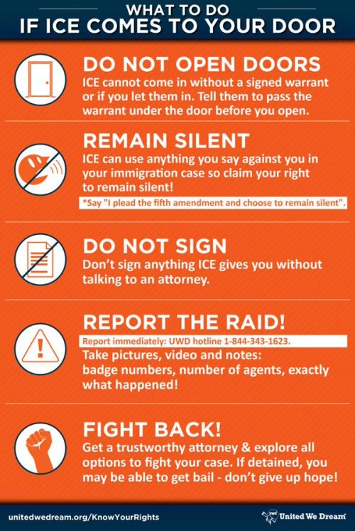 kiliyya:  stringsdafistmcgee:  catrinachaos:  Know Your Rights Alert! U.S. Immigration & Customs Enforcement (ICE) raids are starting up. Report them to United We Dream at 1-844-343-1623. Know your rights, and share this info! We’ve got to fight