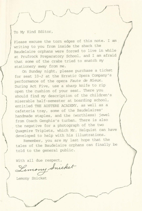 Lemony Snicket’s Letters to his Kind Editor, Pt. 1: The Bad BeginningThe Reptile RoomThe Wide 