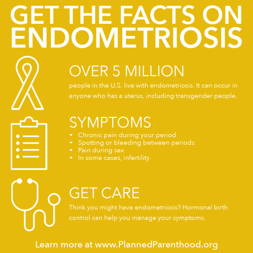 plannedparenthood:Endometriosis is a common health problem that can cause chronic pain, and in some cases lead to infertility. Thankfully, painful cramps caused by endometriosis can be kept in check with hormonal birth control. That’s one reason why