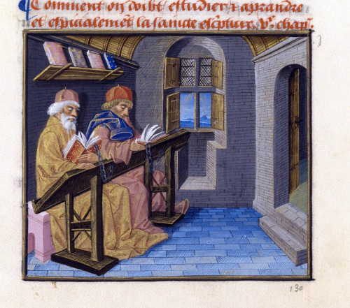 Jacques Legrand - Livre des bonnes moeurs (1338).Scholars working in a chained library.