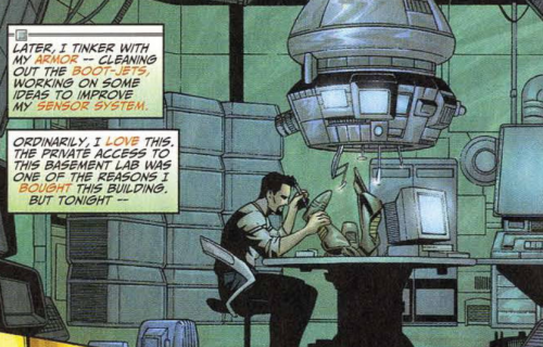 tony-stark-ing: It’s not a true Iron Man comic if Tony’s not brooding.Iron Man (1998) issue #1