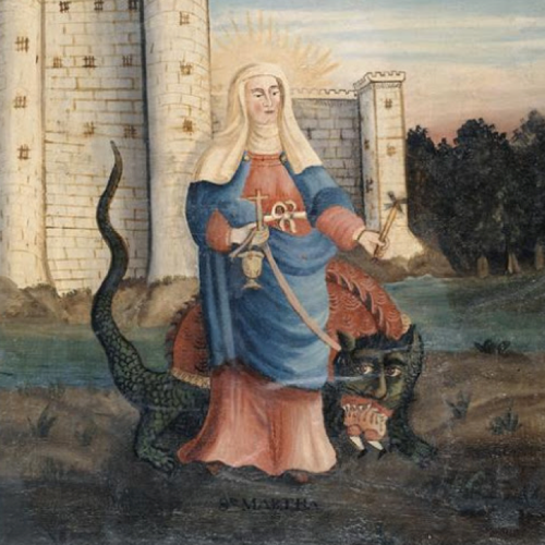 St Margaret of Antioch, bursting from the belly of a dragon.