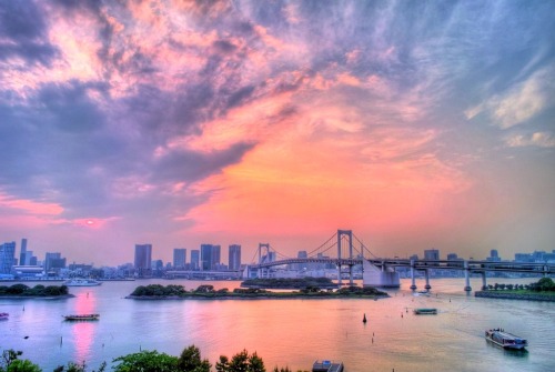 The Rainbow Bridge (レインボーブリッジ Reinbō burijji) is a suspension bridge crossing northern Tokyo Bay bet