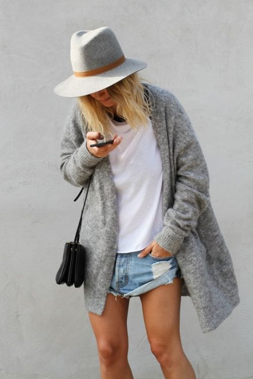 parisfashionn: Hat  Grey Cardigan  Sweater  Short 