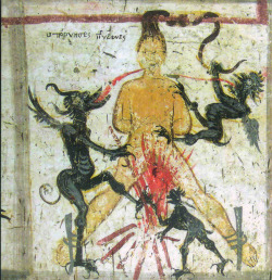 signorformica:  Hooker tortured by demons. Chapel of the cemetery, Grigoriou monastery of Mount Athos.   Bibliothèque Infernale on FB  