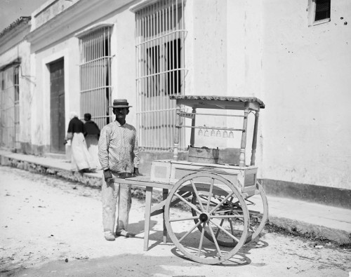 An ice cream vendor, fruit wagons unloading outside a market, a coconut merchant’s wagon and a flowe