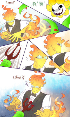 mooncatyao:  [Flowey-4] Grillby &amp; little SansI finally draw this part!!! AAAAAAAA!!!!!! About [Protect]  &lt;First part&gt;(Previous)/(NEXT)[GLS timeline]You can support me on KO-FI ~ ☕  About detail~