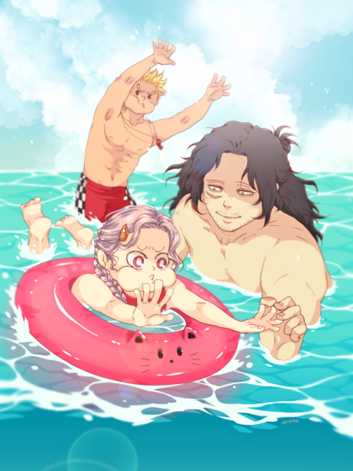  (dad) Aizawa teaching Eri how to swim (ft. Mirio) for a super cute summer themed zine from last yea