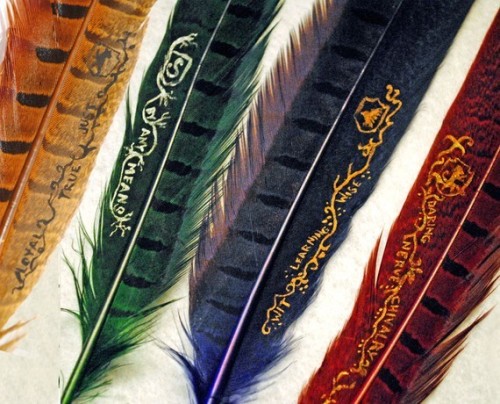 wickedclothes:  Harry Potter House Quills These cruelty-free quills are made out of dyed pheasant feathers. Quills in each house’s color are available. An ideal gift for any Hogwarts student. Sold on Etsy. 