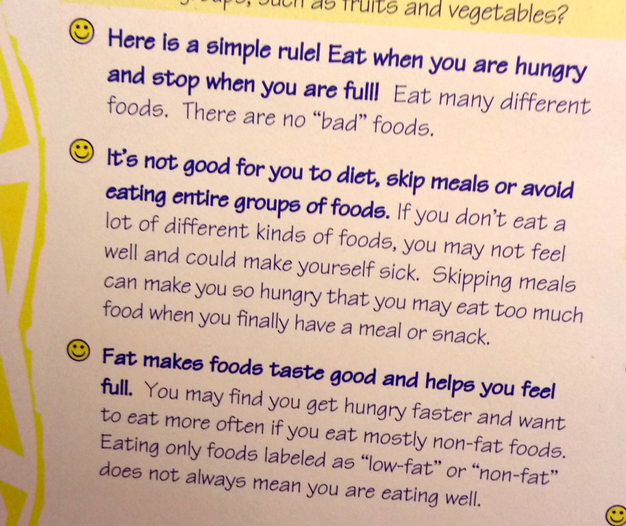 tha-mi-beo:
“bogleech:
“pretty real shit on this poster at our doctor’s office actually
”
Image reads:
• Here is a simple rule, eat when you are hungry and stop when you are full. Eat many different foods. There are no “bad” foods.
• It’s not good...