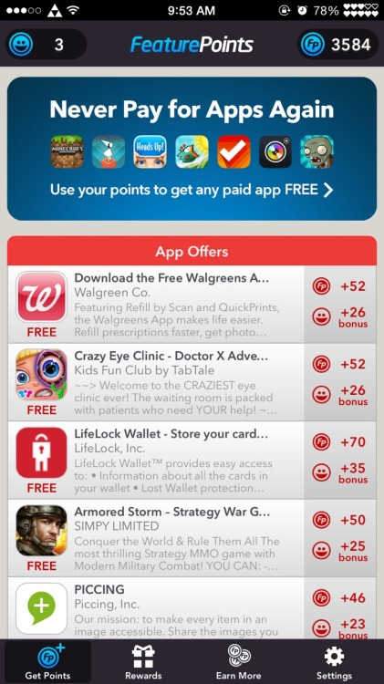 So for all my followers who have smartphones there’s this app called Feature Points that gives you points by downloading apps and testing them and then you can redeem the points for: itunes gift cards, amazon gift cards, paid apps, and a lot more!