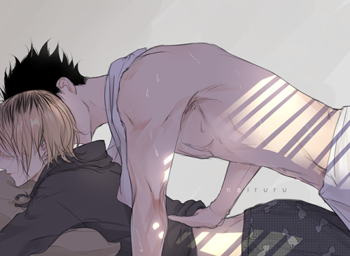 nairuru:  “…. and the fingers that slide up the length of his back are cold, calloused, familiar. The touch is feather-light, barely there, a caress of frost on his burning hot skin like the mixing of fire and ice. Kenma feels the heat crawl up his