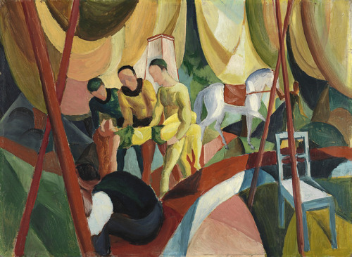 August Macke - Circus [1913]Three acrobats attend to a female rider who has had an accident. Her ine
