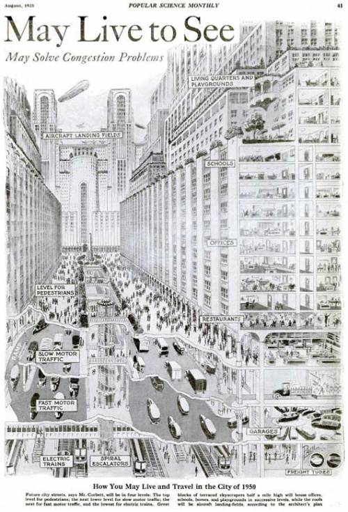 historical-nonfiction:  A vision of cities in 1950, according to Popular Science Monthly in 1925. Besides being dominated by pedestrians and necessitating emissions-free cars (which they were certain electric vehicles would easily do) they also predicted