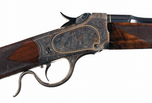 Custom engraved, gold inlaid Winchester Model 1885 Low Wall single shot rifle. Produced circa 1891.S