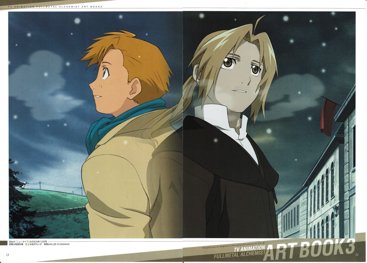 Finished FMA: Brotherhood around 4 months ago. A friend told me to watch  the 2003 anime. I loathed the second half, so I ended up buying three  artbooks of FMA 2003 concept