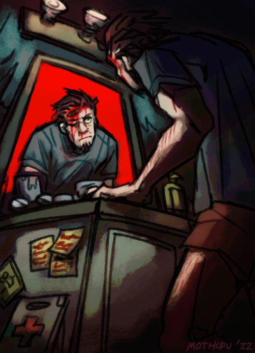 Digital drawing of the Postal Dude from POSTAL 2, an auburn-haired white man with a soul patch, looking in a bathroom mirror. He has a bullet wound in his forehead badly covered up with a bandaid, and blood is dripping down his face. The background in the mirror is bright red, and the drawing is from a low angle.