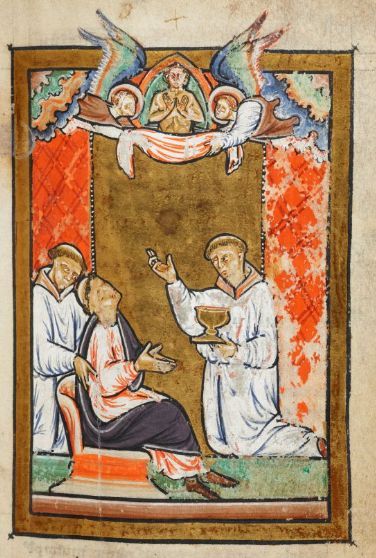 Bedes Prose Life of Saint Cuthbert - Chapter 39 - folio 73r,A priest performing the last sacraments 