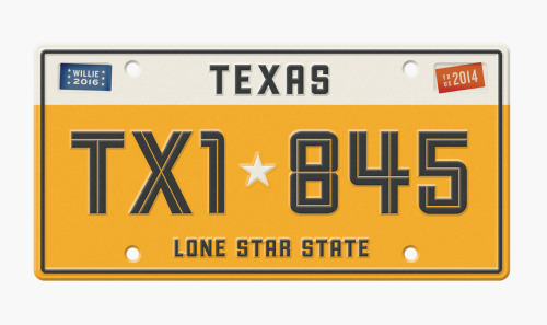 stateplatesproject:  Texas by Aaron Eiland Simple, legible and to the point with a color nod to a well known Texas brand. This plate would look at home in Austin or El Paso. The plate also features an understated endorsement for Willie Nelson for Presiden