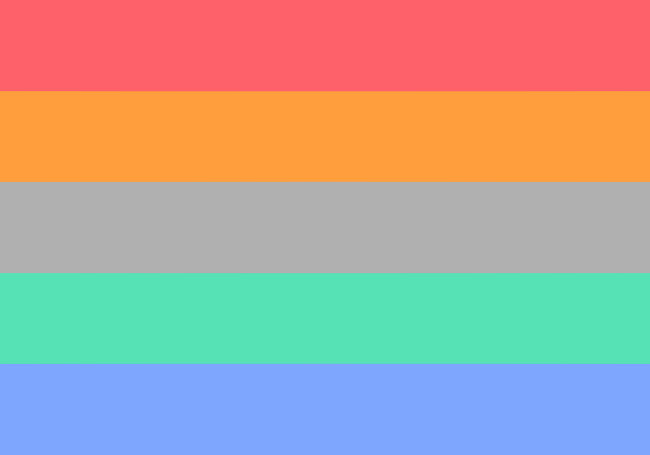 The nexopronoun flag, simplified. It has 5 stripes and they are pink-red, orange, gray, blue, and teal.