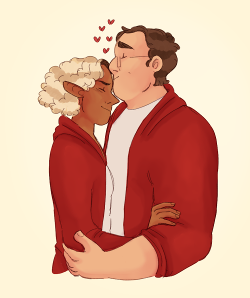 [ID: A fullcolor digital drawing of Barry and Lup from the waist up. They are holding eachother and 