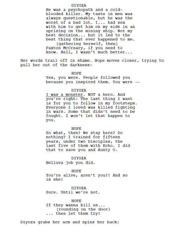 Hope you all enjoyed “The Queen’s Gambit”, the directorial debut of our very own Lindsey Morgan and written by the incomparable Miranda Kwok. Our first script to screen is Scene 16 when Hope and Diyoza open up and end up fighting in their cell.