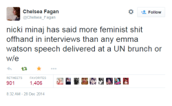 theyallgotkilled:  jessicadrags:  Feminist Chelsea gets the privilege.  Its good that Emma gets the media’s attention but many other black women speak on the topic of feminism much more… Lupita, Laverne and Nicki are just a few. They however aren’t