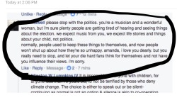 amandapalmer: regarding this comment. here’s a public service announcement:**IF YOU COME ACROSS AN AMERICAN ARTIST, WRITER, JOURNALIST OR MUSICIAN RIGHT NOW WHO HAS NO POLITICAL OPINIONS AND/OR IS AFRAID OF TALKING POLITICS, BE VERY CONCERNED.** go