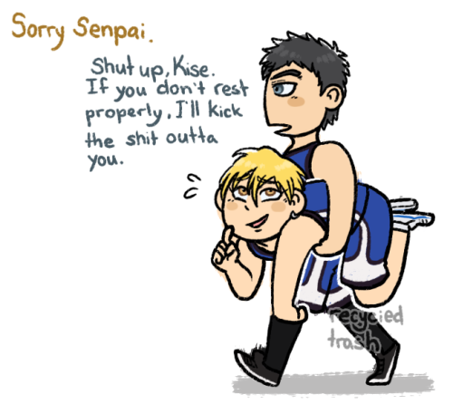 Kise overworked himself at practice so Kasamatsu had to carry him.