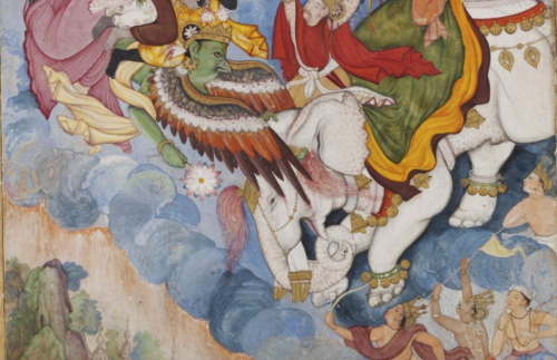 Detail from Krishna and Indra, Mughal, probably Lahore, ca. 1590. The Harivamsa ,“Genealogy of Hari”