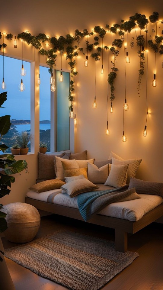 Transform Your Bedroom Into A Cozy Oasis With Twinkling Hanging Lights, A Sea Of Fluffy Pillows, And
