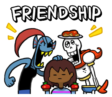 the "friendship" undertale line sticker. Undyne and Papyrus stand above Frisk. Undyne has her hand on Frisk's head and Papyrus has a plate of spaghetti on his own head, and Frisk holds some tomatoes. Undyne and Papyrus are both smiling, while Frisk has a neutral expression. Frisk's skin tone has been edited to be brown.