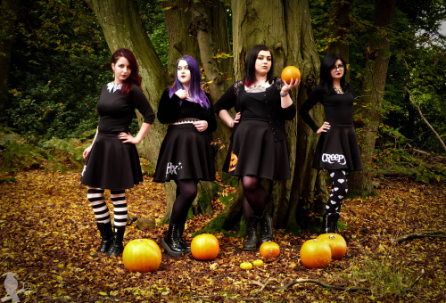 corvuscoronefashion-photography:  31 Days of Hallowe’enDay 18: Here to stay spooky!  These Hallowe'en themed skirts will now be available all year from our Etsy shop!  Models & Garments (L-R):Nik / hart-heart wearing the Wormwood top and Gabrielle