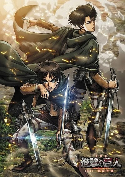Early ticket sales of the second SnK compilation film,Shingeki no Kyojin Zenpen ~Jiyuu no Tsubasa~, will begin on November 29th, and the first buyers will receive this Eren and Levi poster as a bonus gift! (Source)  They both look quite majestic here.