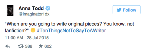 authorsarahdessen:  entertainmentweekly:  Authors took to Twitter today to give hilarious advice on what NOT to say to a writer via #TenThingsNotToSayToAWriter—and the results were GREAT.  LOVE this. 