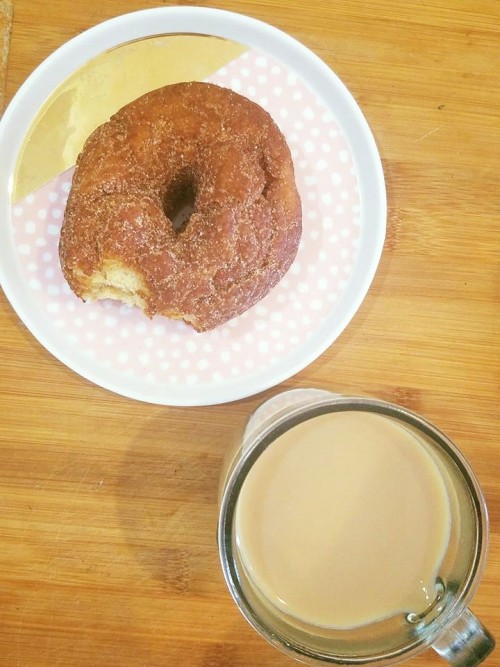 Snacking on last night’s late-night on-the-house Old-Fashioned doughnut from the LES Pies &lsq