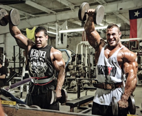 drwannabe:  Antoine Valliant and Steve Kuclo training shoulders  submitted by ironaddictforlife