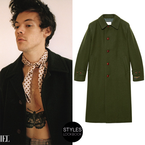 styleslookbook: In this shot for L’Officiel Hommes, Harry is a wearing Gucci green wool coat with br